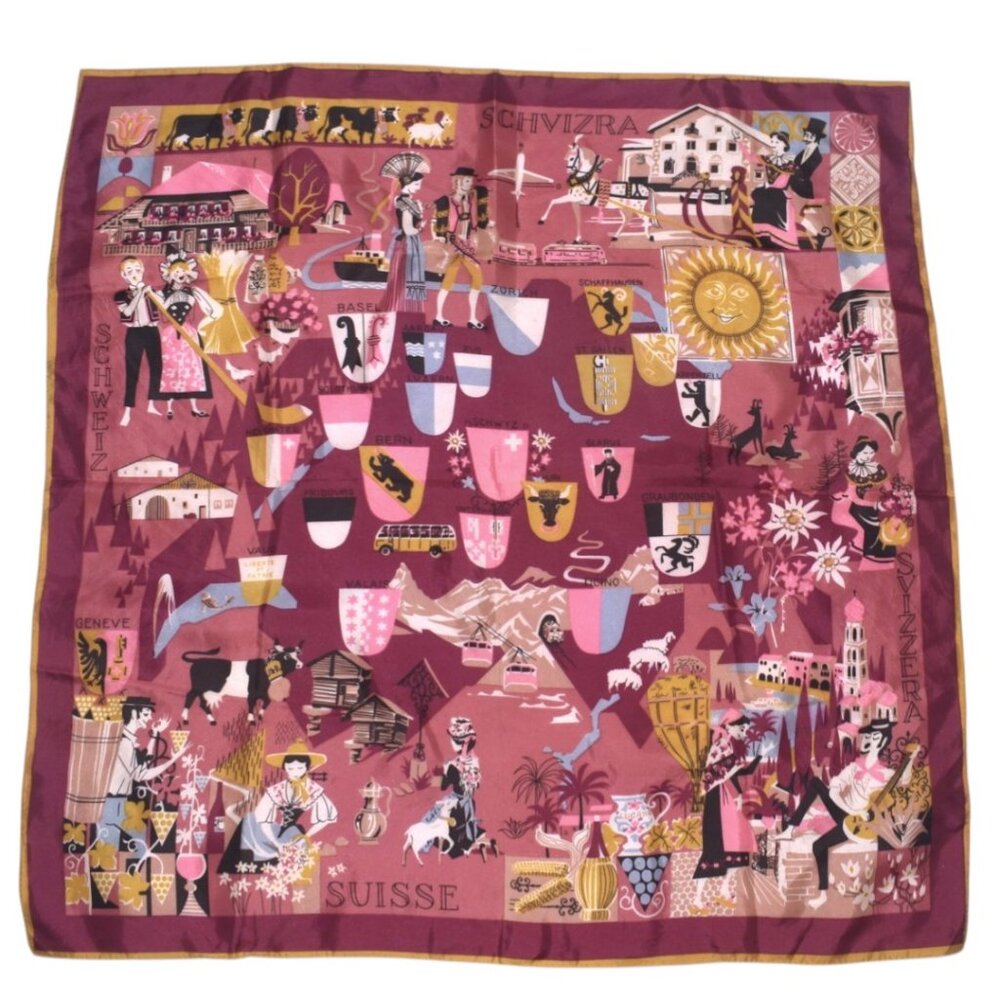 Vintage 50s 60s MCM Swiss Switzerland Novelty Art Print Tourist Scarf 26 Square